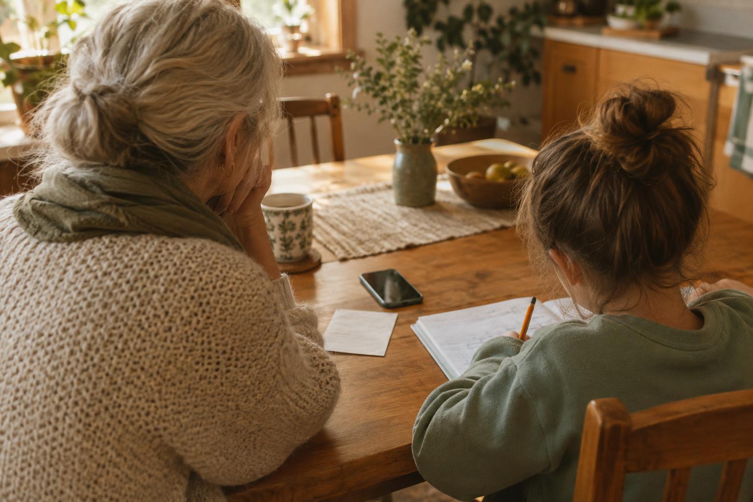 A grandparent sits at a kitchen table with a child doing homework, a phone and a paper note between them.