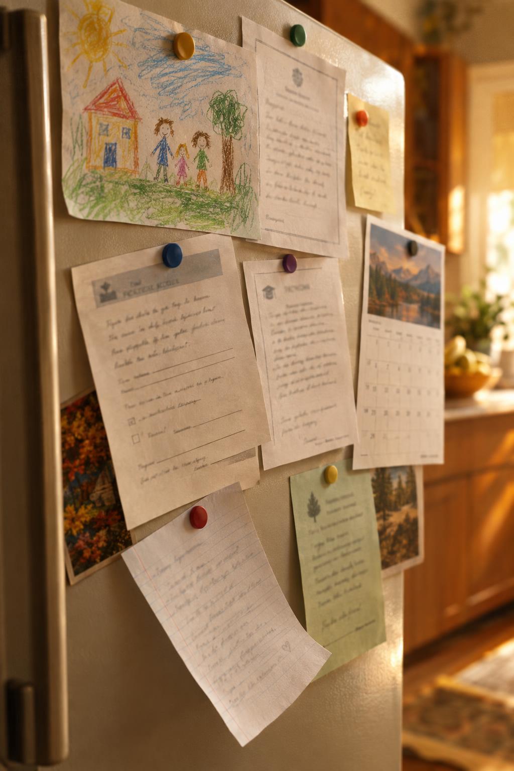 A refrigerator door layered with pinned school notices, a child's crayon drawing, and a printed calendar.