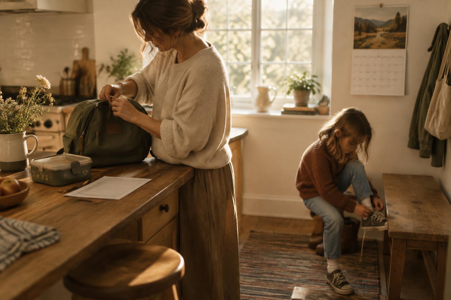 A parent zips a child's backpack on a kitchen counter while the child ties their shoes in warm morning light.