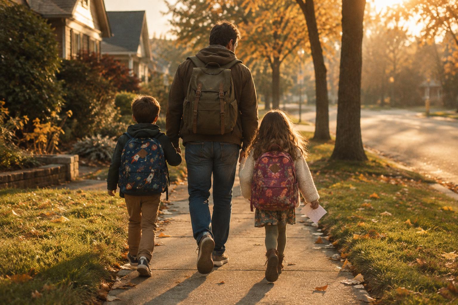 A parent walking two children with backpacks to school on a quiet street in early morning light.